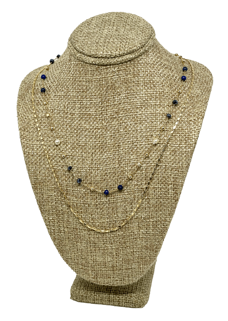 Cadena de 2 hilos dorada y azul con piedras x 46 cm L.