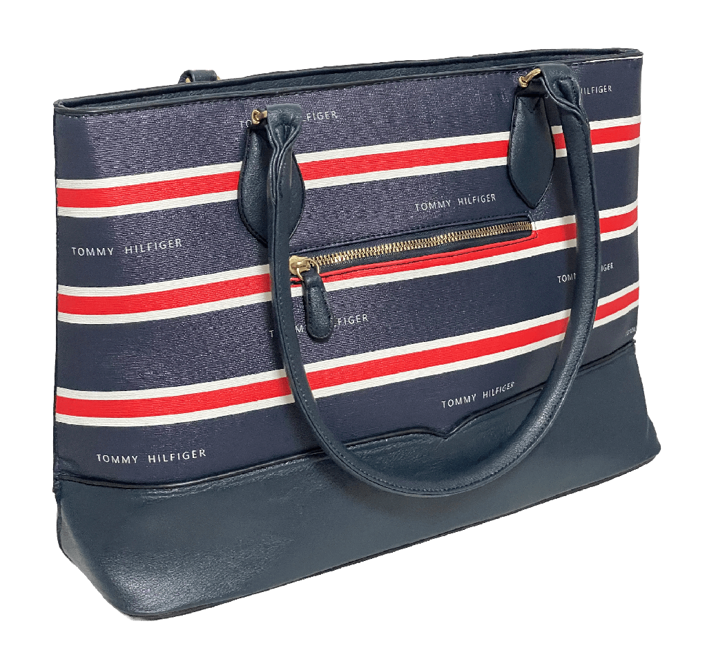 Bolsa azul de cuerina con rayas
