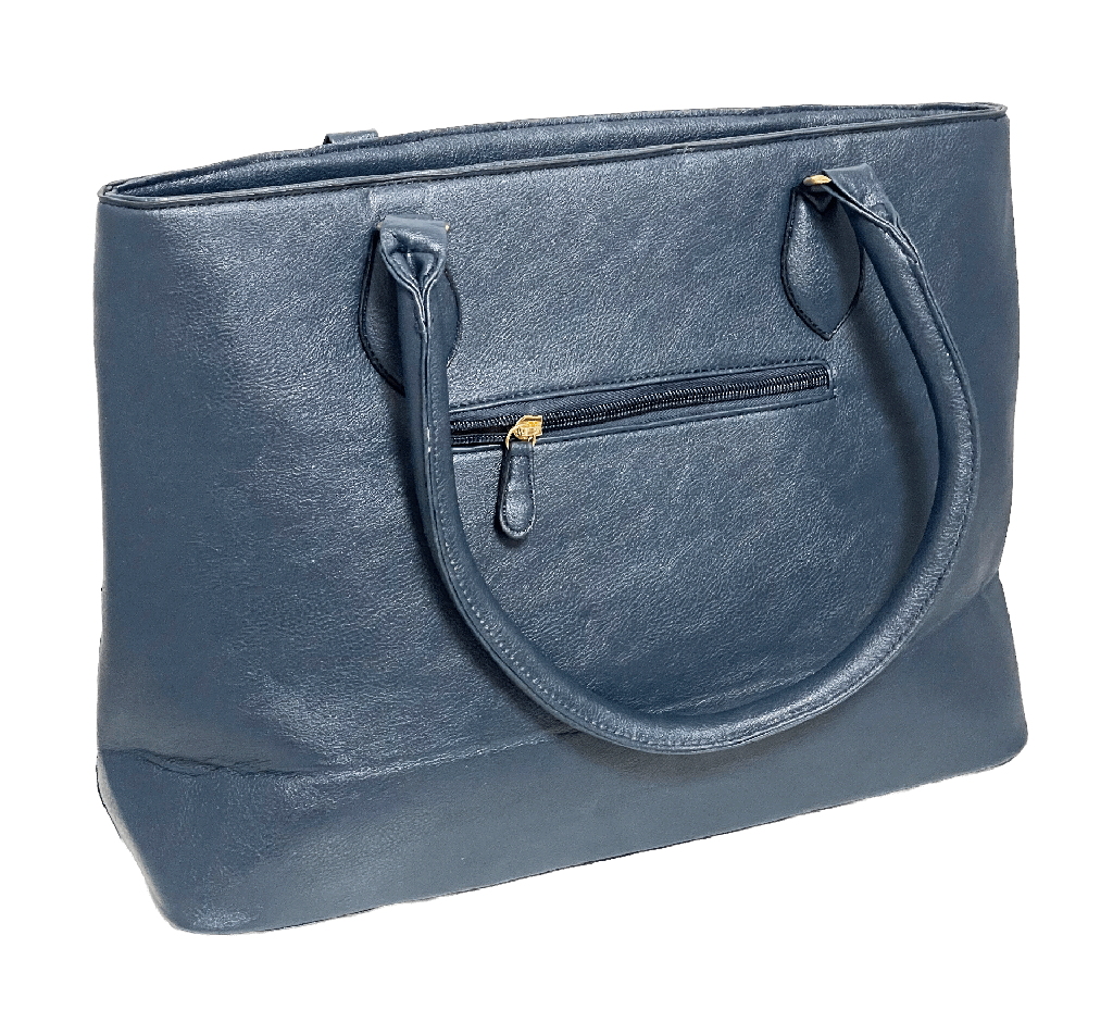 Bolsa azul de cuerina con franjas