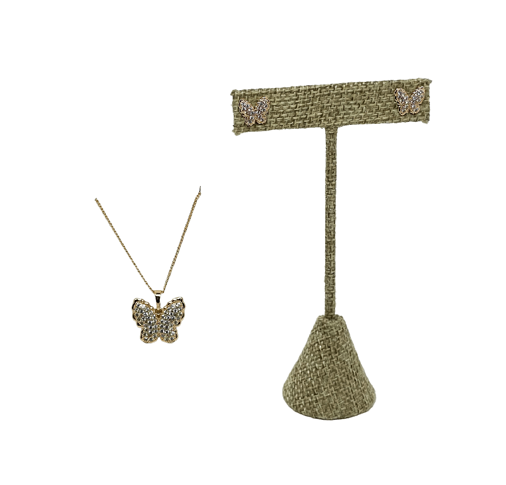 Set de collar y aretes dorados de rodio de mariposa con brillantitos
