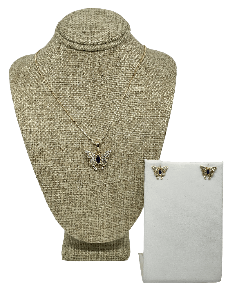Set de collar y aretes dorados y piedra azul de rodio con mariposa