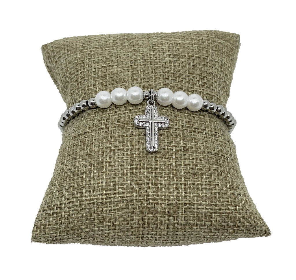 Pulsera de acero inoxidable plateado con cruz