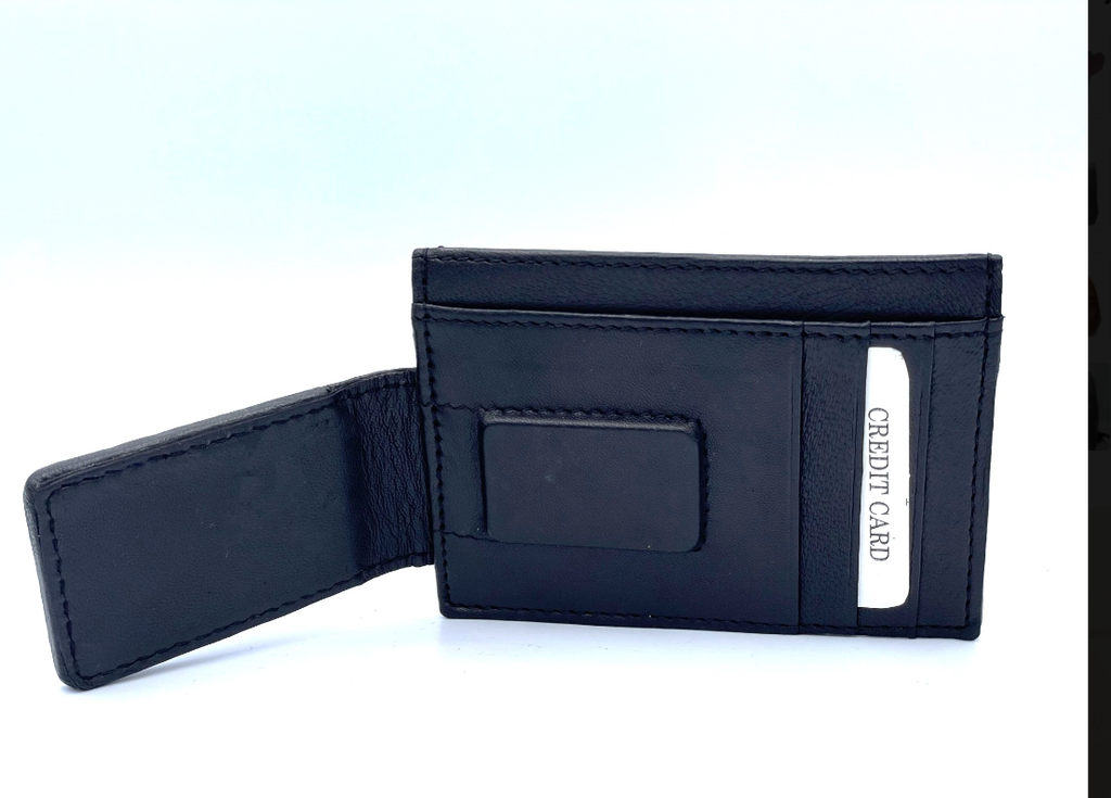 Tarjetero con money clip de cuero negro