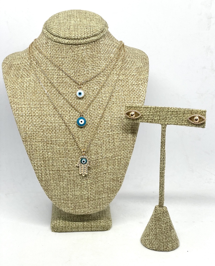 Set de collar y aretes con ojo turco dorado