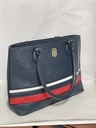 Bolsa azul de cuerina con franjas