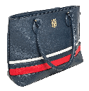 Bolsa azul de cuerina con franjas
