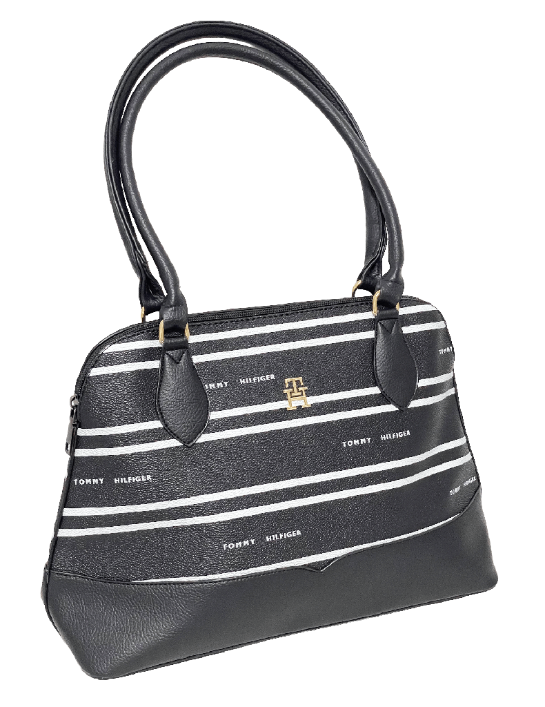 Bolsa negra de cuerina con rayas