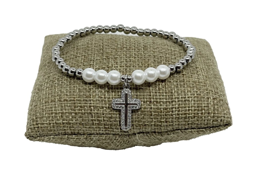 Pulsera de acero inoxidable plateado con cruz