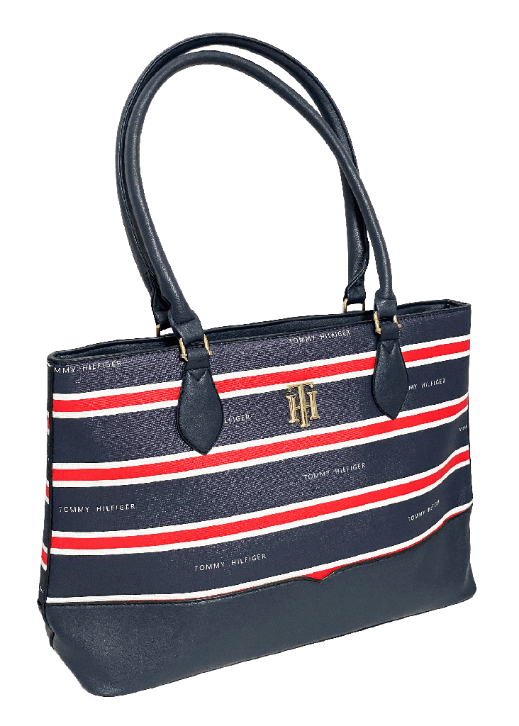 Bolsa azul de cuerina con rayas
