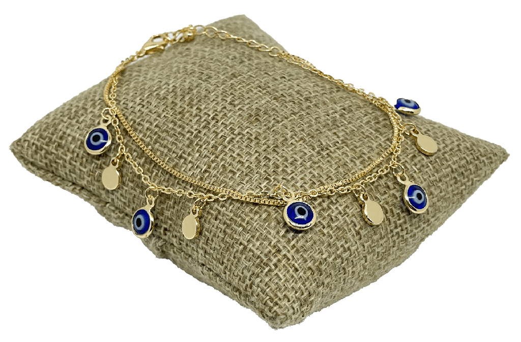 Pulsera de 2 hilos dorada con azul de ojo turco
