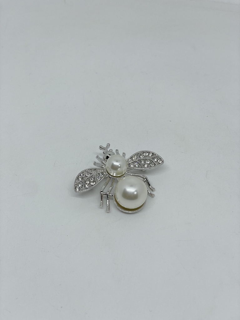 Prendedor plateado de metal de abeja con perlas