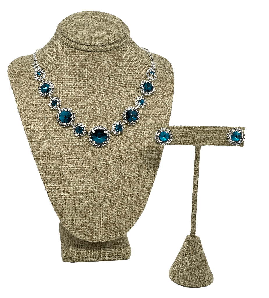 Set de gargantilla y aretes  plateados y  turquesa de brillantito
