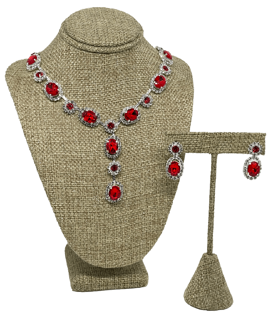 Set de collar y aretes plateado de brillantito con piedra roja