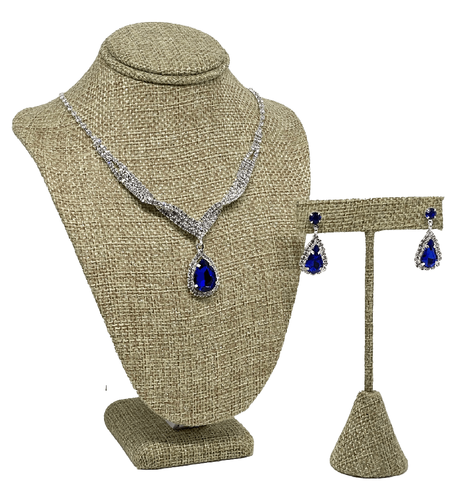 Set de collar y aretes plateado de brillantito con piedra azul