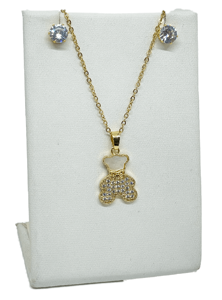 Set de collar y arete dorado de rodio con brillantitos