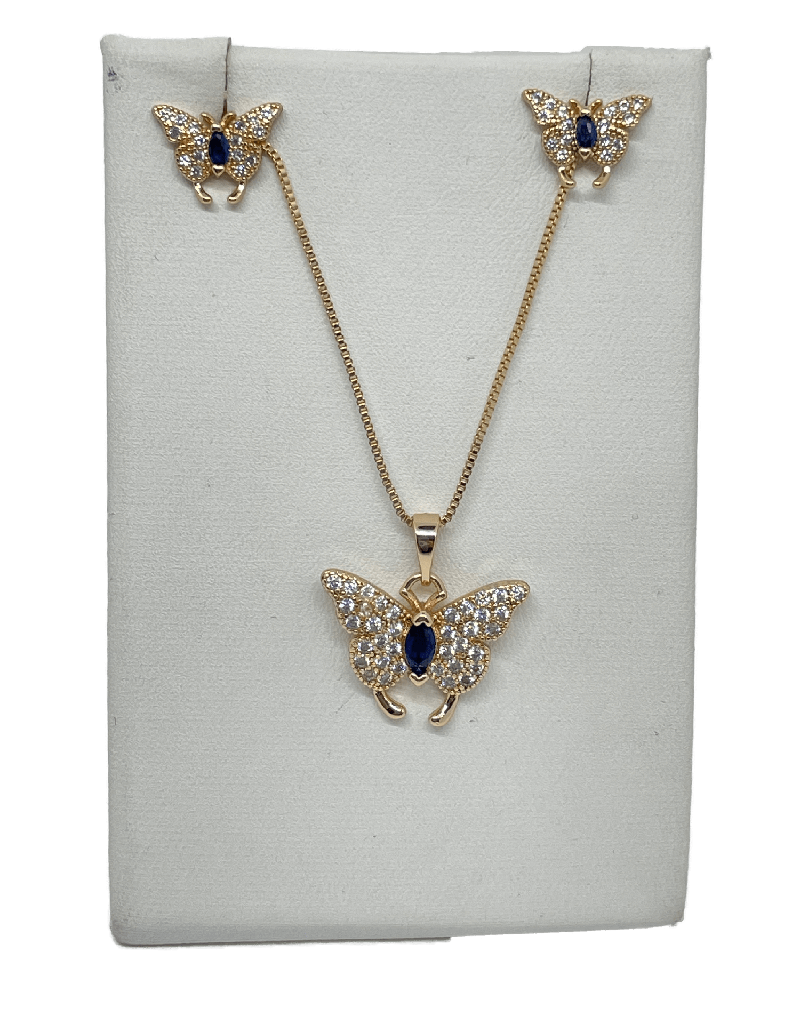 Set de collar y aretes dorados y piedra azul de rodio con mariposa