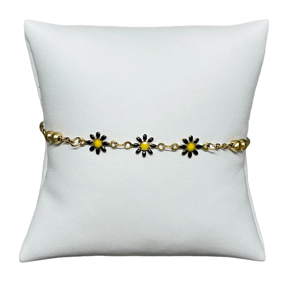 Pulsera dorada de acero inoxidable con florecitas negras 