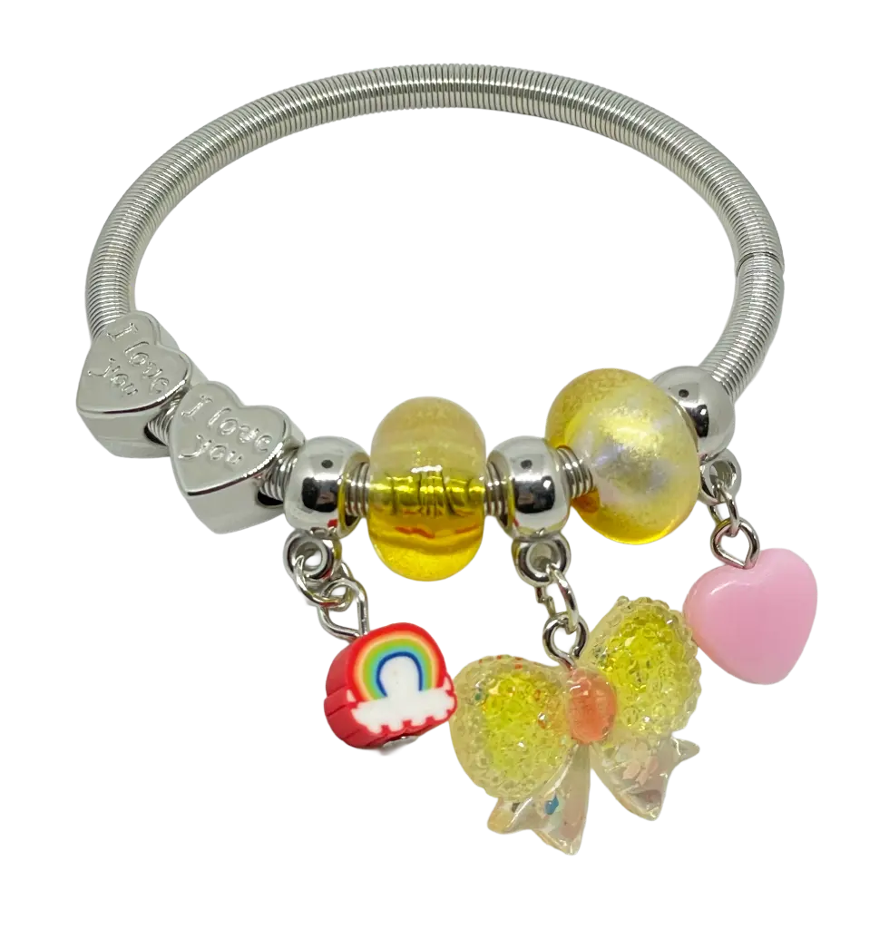 Pulsera plateada de niña con dije de moña 