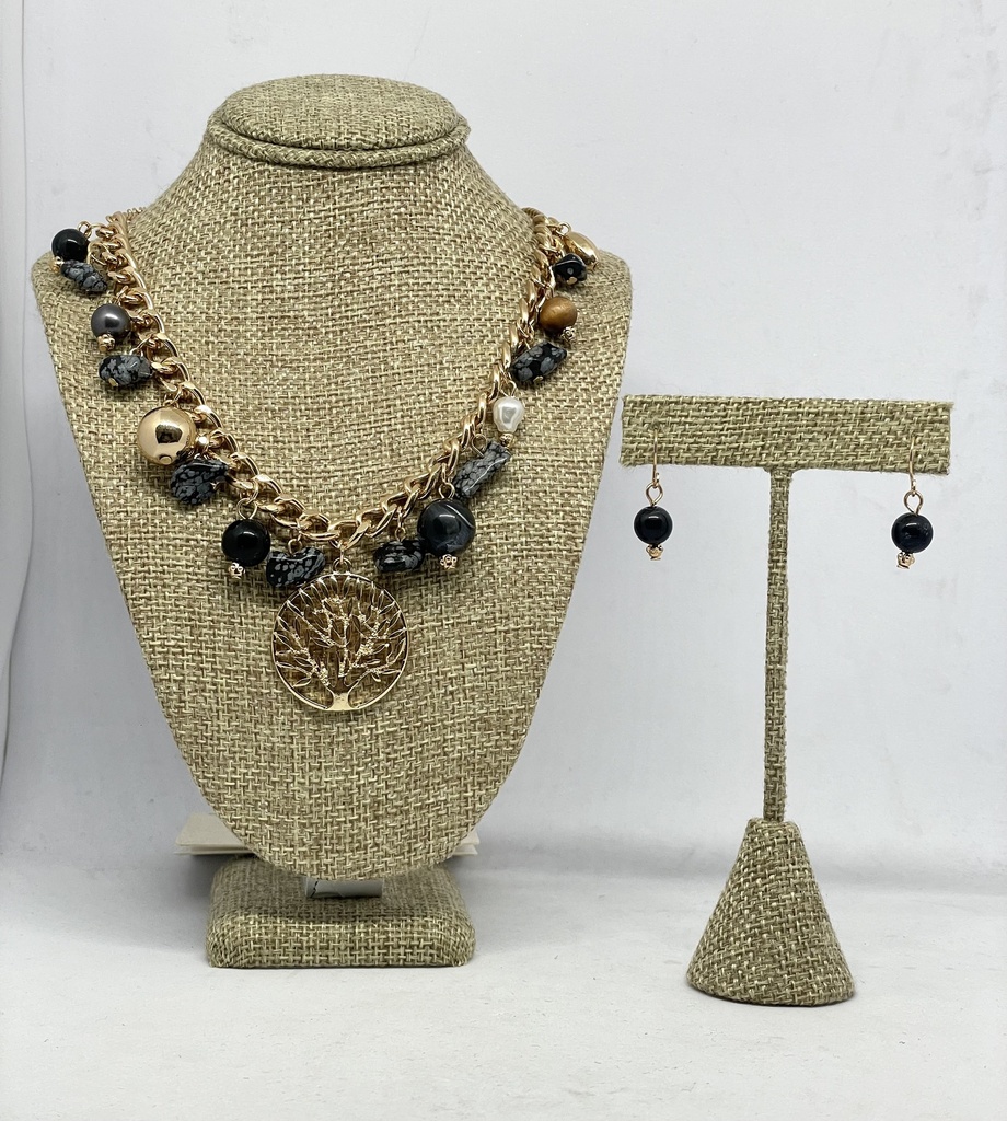 Juego de collar y aretes de metal - dorado con negro