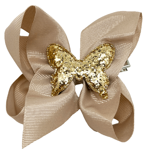 Moña con clip y mariposa dorada