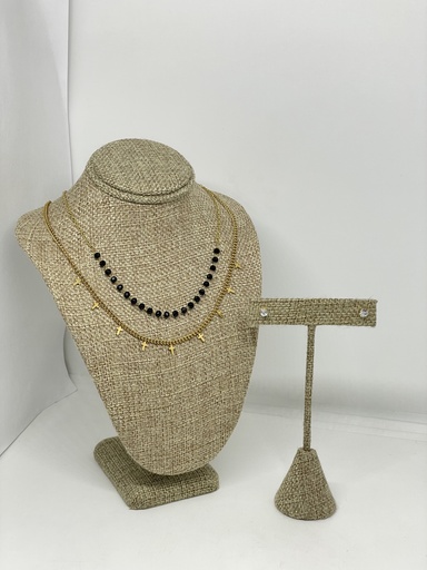 [67632] Set collar y aretes dorado doble de acero inoxidable 23.5cm