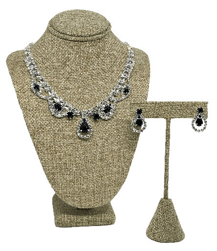 [67675] Set de collar y aretes plateado de brillantito con piedra negra