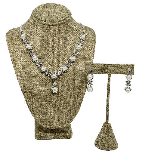 [67679] Set de collar y aretes plateado de brillantito con perla