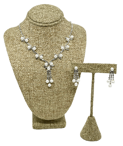 [67680] Set de collar y aretes plateado de brillantito con perla