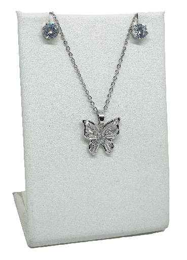 [67738] Set de collar y aretes plateados de rodio con brillantitos