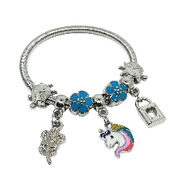 Pulsera de metal con dije de unicornio y flor