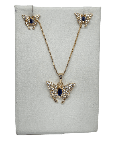 [68198] Set de collar y aretes dorados y piedra azul de rodio con mariposa