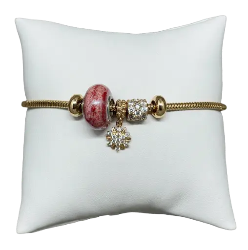 [68609] Pulsera dorada de rodio con piedra rosada