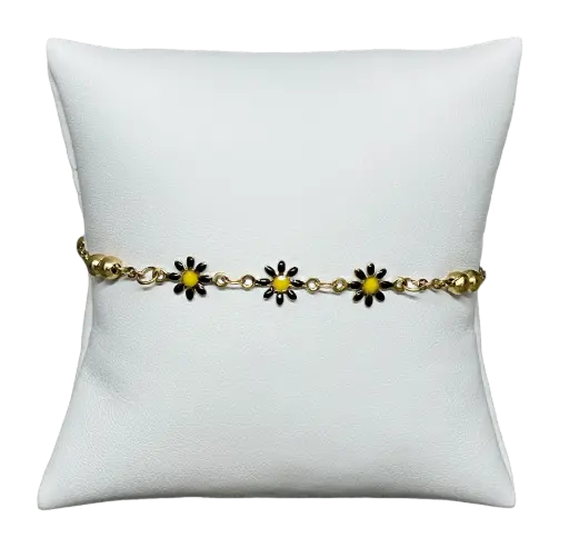 [68614] Pulsera dorada de acero inoxidable con florecitas negras 