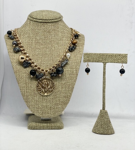 [53354] Juego de collar y aretes de metal - dorado con negro