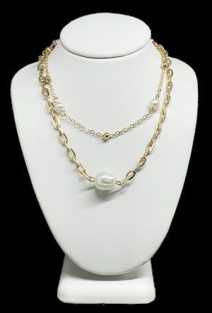 Collar dorado dos hilos con perla de fantacia