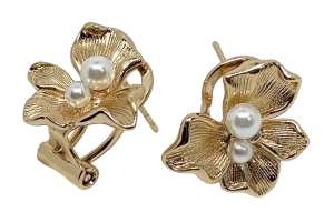 Aretes dorados de rodio de flor con perlas