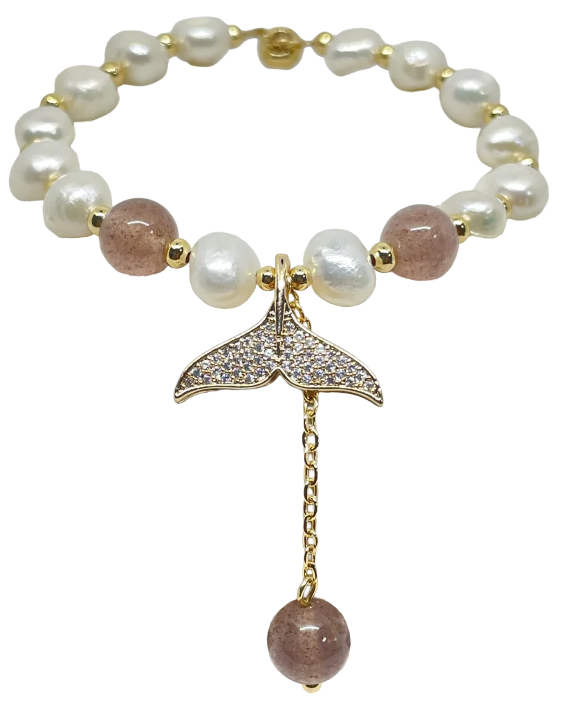 Pulsera ajustable con perla blanca y dije de cola de sirena
