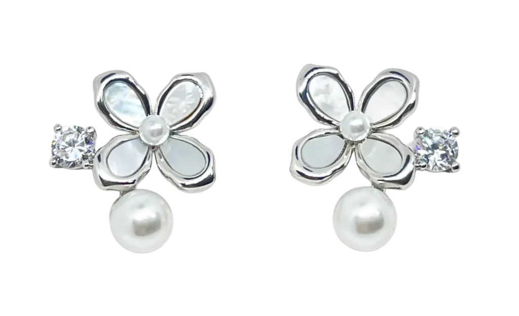 Aretes plateados de flor con perla - Chapa S925-gallery-0