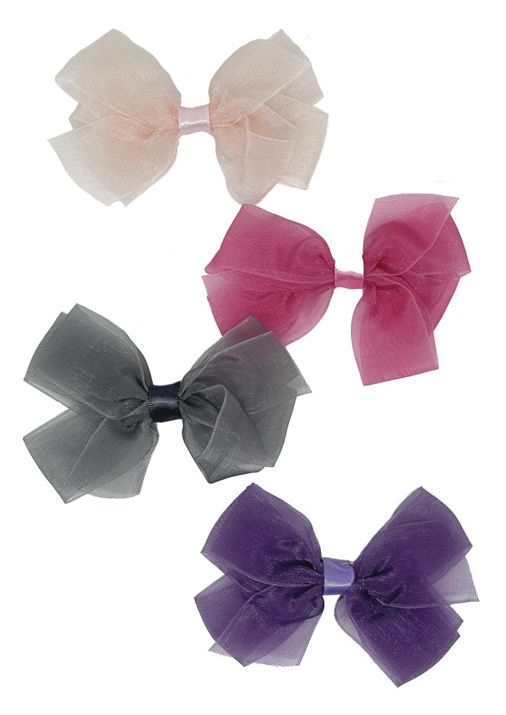 Set de 4 moñas rosado, fucsia, morado y gris